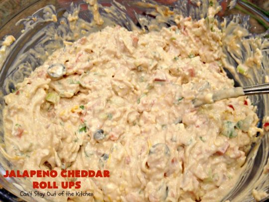 Jalapeno Cheddar Roll Ups | Can't Stay Out of the Kitchen | these fantastic #TexMex #appetizers are terrific for #tailgating, #NewYearsEve or #SuperBowl parties. Filled with #refriedbeans, #chilies, #olives, & lots of #cheese.