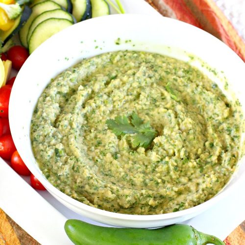 Jalapeno Cilantro Hummus | Can't Stay Out of the Kitchen | this fantastic #TexMex #appetizer is deliciously hot & spicy. It features #jalapenos & #cilantro. It's terrific for #tailgating parties & potlucks. It's also #healthy, #Vegan #LowCalorie, #CleanEating & #GlutenFree. #Hummus #TexMexAppetizer #JalapenoCilantroHummus #VeganAppetizer #GlutenFreeAppetizer