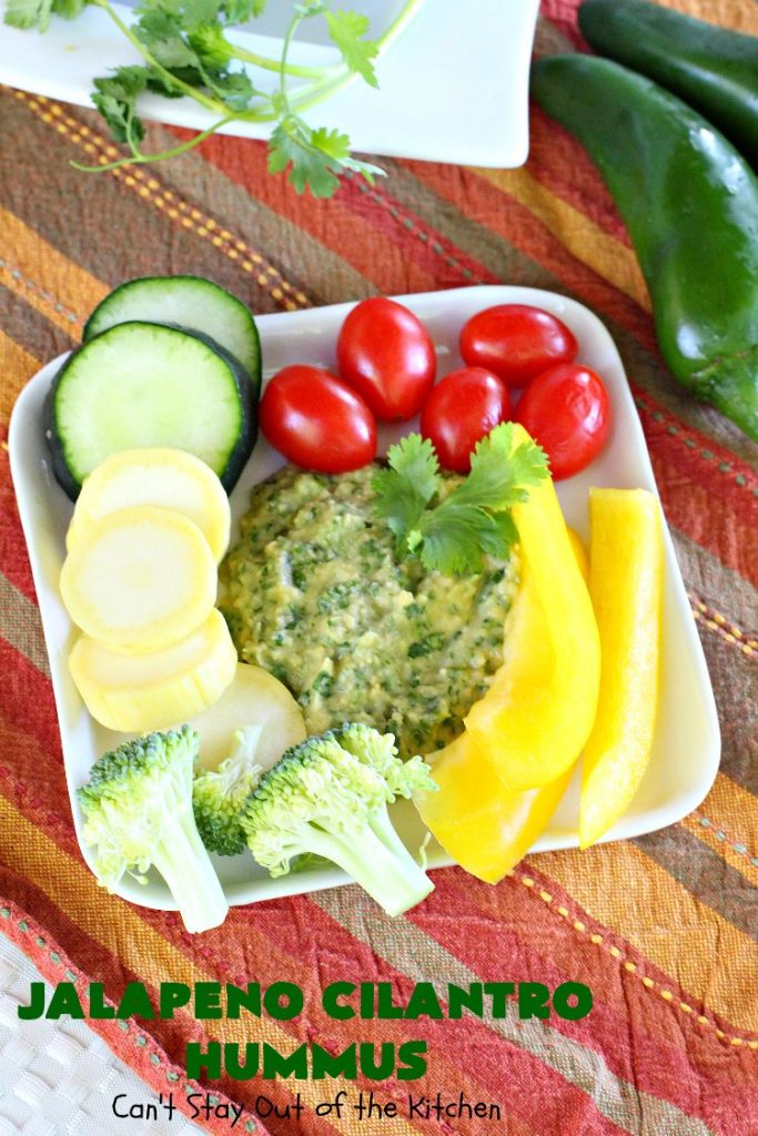 Jalapeno Cilantro Hummus | Can't Stay Out of the Kitchen | this fantastic #TexMex #appetizer is deliciously hot & spicy. It features #jalapenos & #cilantro. It's terrific for #tailgating parties & potlucks. It's also #healthy, #Vegan #LowCalorie, #CleanEating & #GlutenFree. #Hummus #TexMexAppetizer #JalapenoCilantroHummus #VeganAppetizer #GlutenFreeAppetizer
