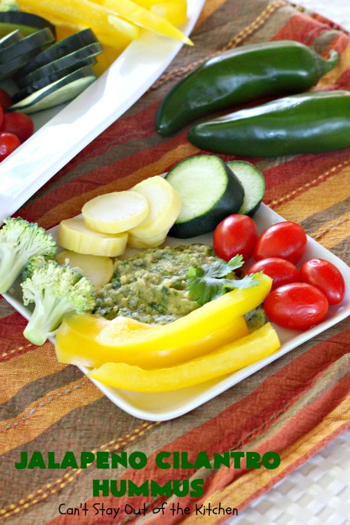 Jalapeno Cilantro Hummus | Can't Stay Out of the Kitchen | this fantastic #TexMex #appetizer is deliciously hot & spicy. It features #jalapenos & #cilantro. It's terrific for #tailgating parties & potlucks. It's also #healthy, #Vegan #LowCalorie, #CleanEating & #GlutenFree. #Hummus #TexMexAppetizer #JalapenoCilantroHummus #VeganAppetizer #GlutenFreeAppetizer