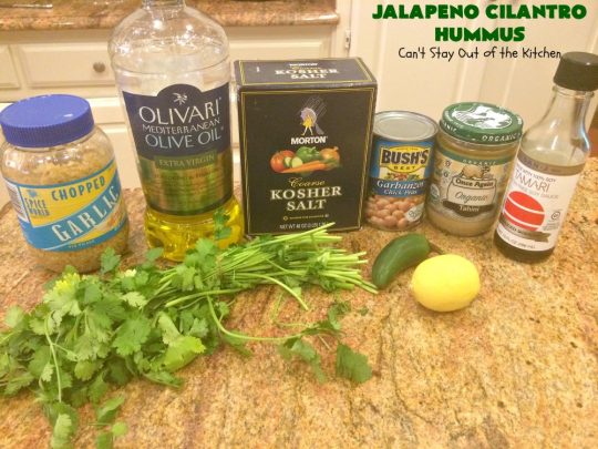 Jalapeno Cilantro Hummus | Can't Stay Out of the Kitchen | this fantastic #TexMex #appetizer is deliciously hot & spicy. It features #jalapenos & #cilantro. It's terrific for #tailgating parties & potlucks. It's also #healthy, #Vegan #LowCalorie, #CleanEating & #GlutenFree. #Hummus #TexMexAppetizer #JalapenoCilantroHummus #VeganAppetizer #GlutenFreeAppetizer