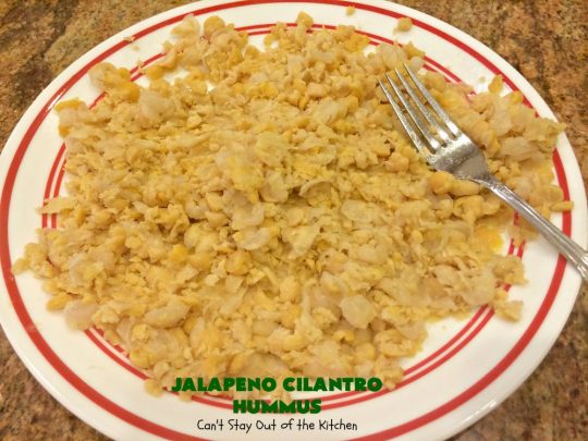 Jalapeno Cilantro Hummus | Can't Stay Out of the Kitchen | this fantastic #TexMex #appetizer is deliciously hot & spicy. It features #jalapenos & #cilantro. It's terrific for #tailgating parties & potlucks. It's also #healthy, #Vegan #LowCalorie, #CleanEating & #GlutenFree. #Hummus #TexMexAppetizer #JalapenoCilantroHummus #VeganAppetizer #GlutenFreeAppetizer