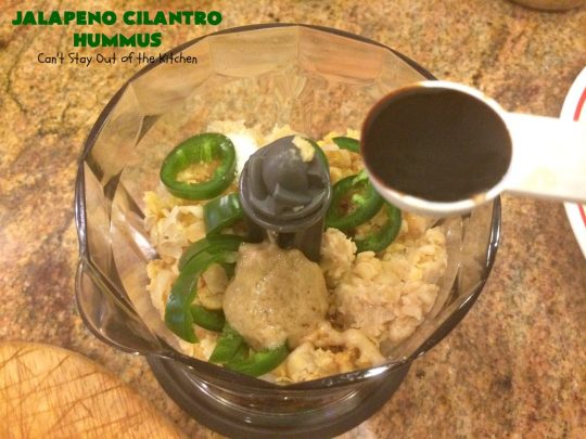 Jalapeno Cilantro Hummus | Can't Stay Out of the Kitchen | this fantastic #TexMex #appetizer is deliciously hot & spicy. It features #jalapenos & #cilantro. It's terrific for #tailgating parties & potlucks. It's also #healthy, #Vegan #LowCalorie, #CleanEating & #GlutenFree. #Hummus #TexMexAppetizer #JalapenoCilantroHummus #VeganAppetizer #GlutenFreeAppetizer