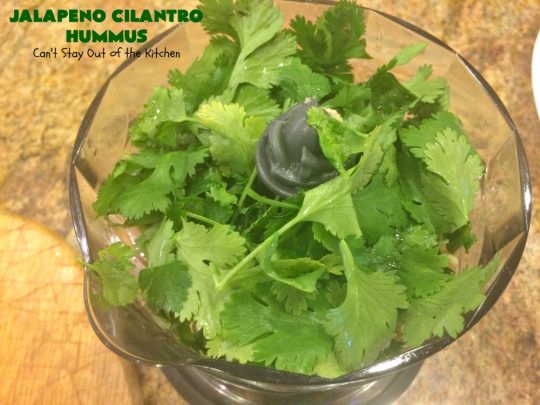 Jalapeno Cilantro Hummus | Can't Stay Out of the Kitchen | this fantastic #TexMex #appetizer is deliciously hot & spicy. It features #jalapenos & #cilantro. It's terrific for #tailgating parties & potlucks. It's also #healthy, #Vegan #LowCalorie, #CleanEating & #GlutenFree. #Hummus #TexMexAppetizer #JalapenoCilantroHummus #VeganAppetizer #GlutenFreeAppetizer