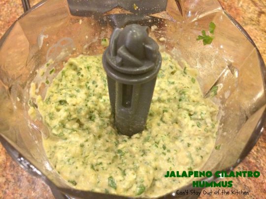 Jalapeno Cilantro Hummus | Can't Stay Out of the Kitchen | this fantastic #TexMex #appetizer is deliciously hot & spicy. It features #jalapenos & #cilantro. It's terrific for #tailgating parties & potlucks. It's also #healthy, #Vegan #LowCalorie, #CleanEating & #GlutenFree. #Hummus #TexMexAppetizer #JalapenoCilantroHummus #VeganAppetizer #GlutenFreeAppetizer