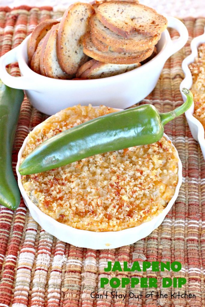 Jalapeno Popper Dip | Can't Stay Out of the Kitchen | this fantastic #TexMex #appetizer is terrific for #tailgating, #NewYearsEve or #SuperBowl parties. It's filled with lots of #cheese #jalapeno peppers & green #chilies & while it has some heat it doesn't overwhelm the taste buds.