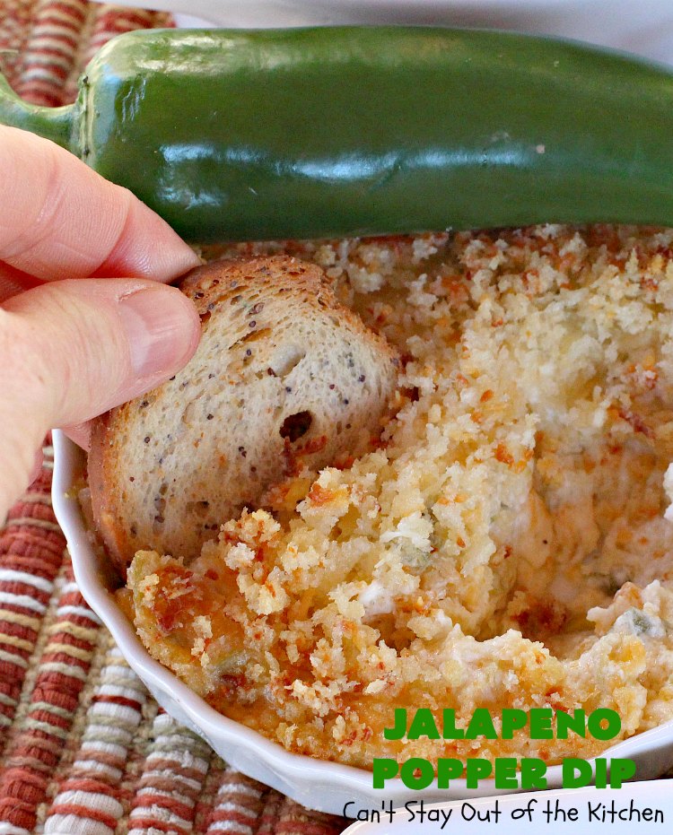 Jalapeno Popper Dip | Can't Stay Out of the Kitchen | this fantastic #TexMex #appetizer is terrific for #tailgating, #NewYearsEve or #SuperBowl parties. It's filled with lots of #cheese #jalapeno peppers & green #chilies & while it has some heat it doesn't overwhelm the taste buds.