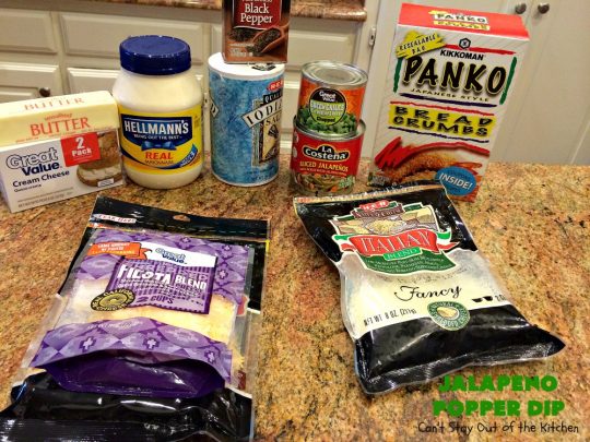 Jalapeno Popper Dip | Can't Stay Out of the Kitchen | this fantastic #TexMex #appetizer is terrific for #tailgating, #NewYearsEve or #SuperBowl parties. It's filled with lots of #cheese #jalapeno peppers & green #chilies & while it has some heat it doesn't overwhelm the taste buds.