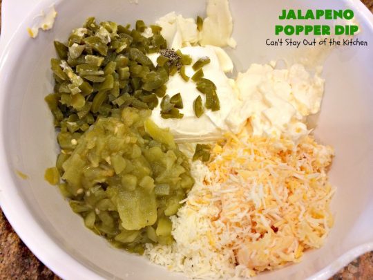 Jalapeno Popper Dip | Can't Stay Out of the Kitchen | this fantastic #TexMex #appetizer is terrific for #tailgating, #NewYearsEve or #SuperBowl parties. It's filled with lots of #cheese #jalapeno peppers & green #chilies & while it has some heat it doesn't overwhelm the taste buds.