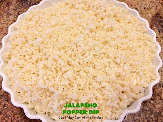 Jalapeno Popper Dip | Can't Stay Out of the Kitchen | this fantastic #TexMex #appetizer is terrific for #tailgating, #NewYearsEve or #SuperBowl parties. It's filled with lots of #cheese #jalapeno peppers & green #chilies & while it has some heat it doesn't overwhelm the taste buds.