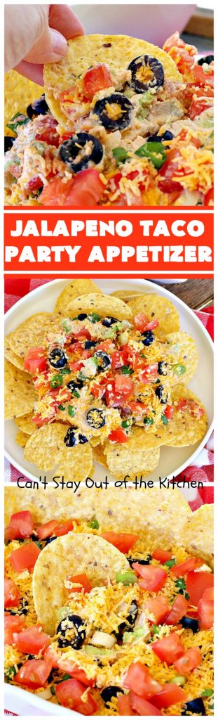 Jalapeno Taco Party Appetizer | Can't Stay Out of the Kitchen | the best #TexMex layered dip ever! This one uses refried beans with jalapenos, #avocados, a sour cream & #taco seasoning layer. Then it's topped with olives, #cheese, green onions and tomatoes. Perfect for #tailgating or #SuperBowl parties. #appetizer