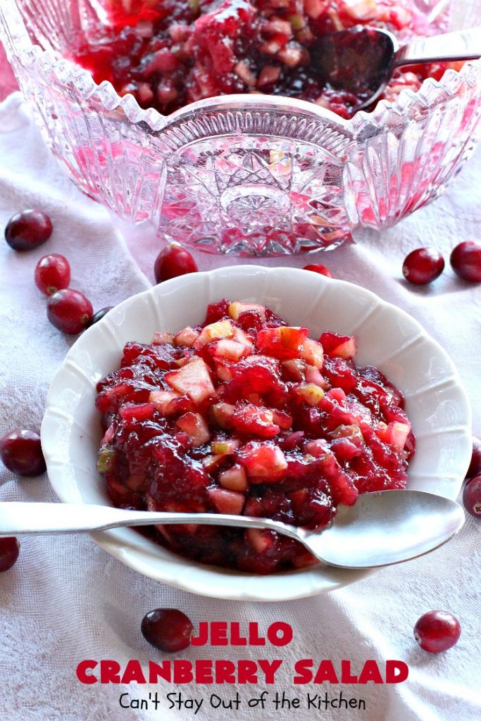 Jello Cranberry Salad | Can't Stay Out of the Kitchen | this #CongealedSalad is delightful for the #holidays. It's prepared a day in advance which is really helpful. It's made with either fresh #cranberries & sugar or #WholeBerryCranberrySauce. It also has diced #celery, #apples & #pineapple. This terrific #salad is great for #Thanksgiving or #Christmas dinner. #GlutenFree #Jello #HolidaySideDish #JelloCranberrySalad