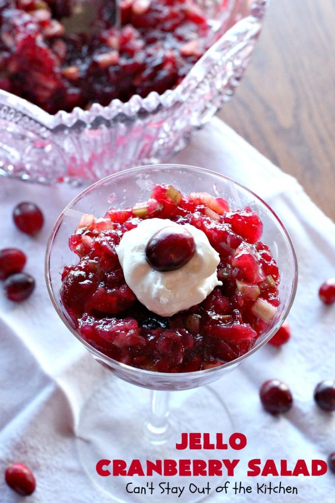 Jello Cranberry Salad | Can't Stay Out of the Kitchen | this #CongealedSalad is delightful for the #holidays. It's prepared a day in advance which is really helpful. It's made with either fresh #cranberries & sugar or #WholeBerryCranberrySauce. It also has diced #celery, #apples & #pineapple. This terrific #salad is great for #Thanksgiving or #Christmas dinner. #GlutenFree #Jello #HolidaySideDish #JelloCranberrySalad