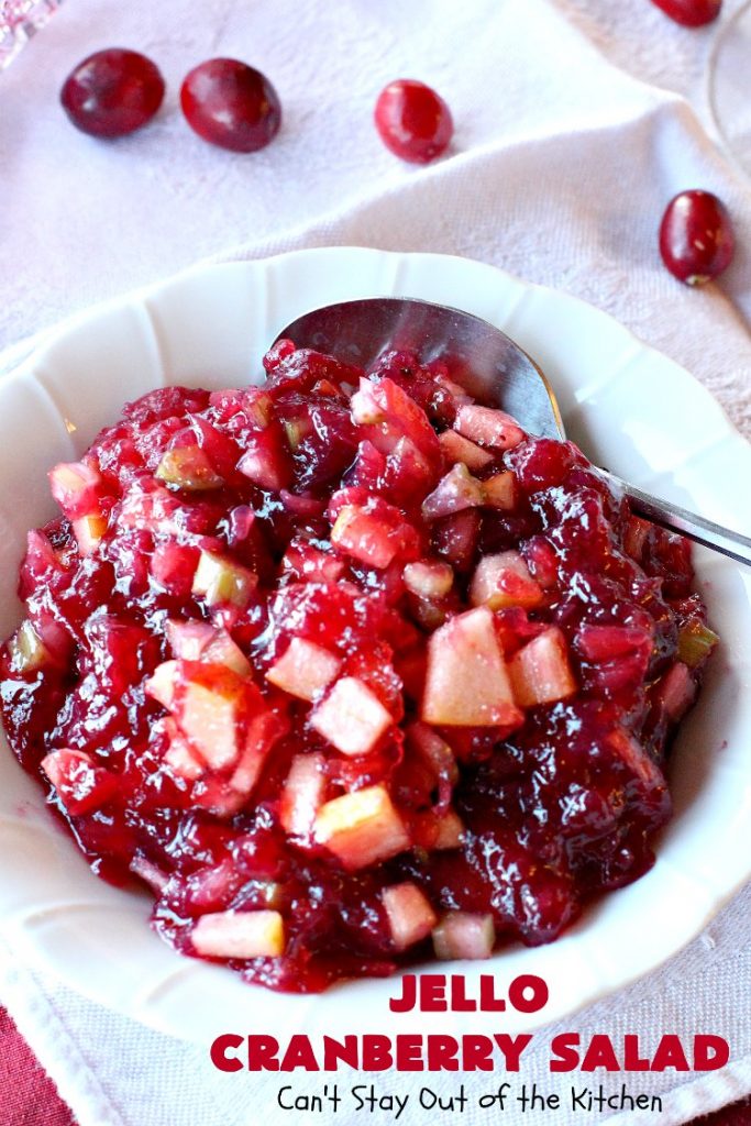 Jello Cranberry Salad | Can't Stay Out of the Kitchen | this #CongealedSalad is delightful for the #holidays. It's prepared a day in advance which is really helpful. It's made with either fresh #cranberries & sugar or #WholeBerryCranberrySauce. It also has diced #celery, #apples & #pineapple. This terrific #salad is great for #Thanksgiving or #Christmas dinner. #GlutenFree #Jello #HolidaySideDish #JelloCranberrySalad