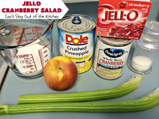 Jello Cranberry Salad | Can't Stay Out of the Kitchen | this #CongealedSalad is delightful for the #holidays. It's prepared a day in advance which is really helpful. It's made with either fresh #cranberries & sugar or #WholeBerryCranberrySauce. It also has diced #celery, #apples & #pineapple. This terrific #salad is great for #Thanksgiving or #Christmas dinner. #GlutenFree #Jello #HolidaySideDish #JelloCranberrySalad