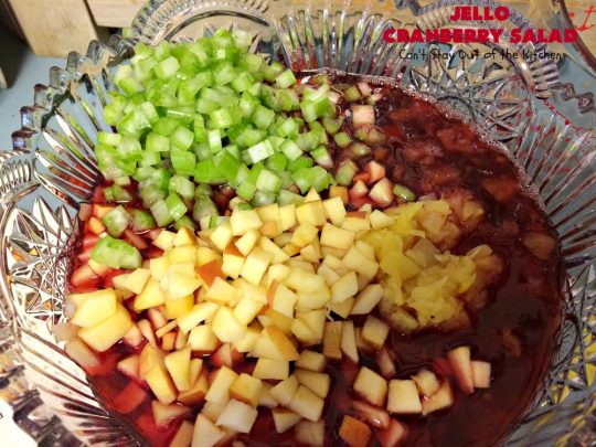 Jello Cranberry Salad | Can't Stay Out of the Kitchen | this #CongealedSalad is delightful for the #holidays. It's prepared a day in advance which is really helpful. It's made with either fresh #cranberries & sugar or #WholeBerryCranberrySauce. It also has diced #celery, #apples & #pineapple. This terrific #salad is great for #Thanksgiving or #Christmas dinner. #GlutenFree #Jello #HolidaySideDish #JelloCranberrySalad