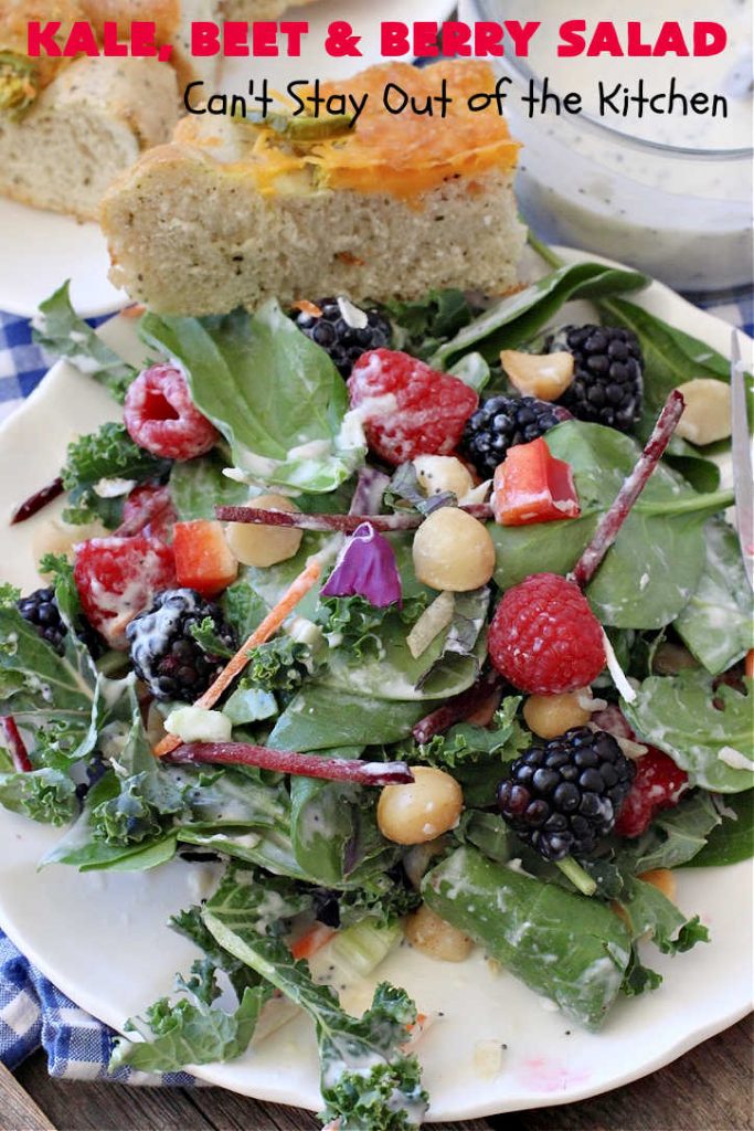 Kale, Beet and Berry Salad | Can't Stay Out of the Kitchen | This amazing #salad will knock your socks off! Seriously. It features #raspberries, #blackberries, #MacadamiaNuts & #asiago or #romano #cheese. Great for company dinners. #GlutenFree #beets #kale #healthy #LowCalorie #CleanEating