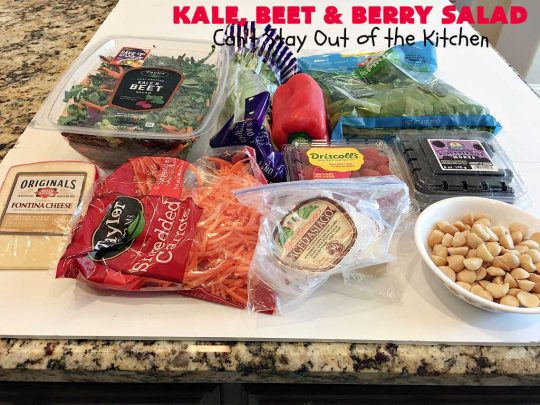 Kale, Beet and Berry Salad | Can't Stay Out of the Kitchen | This amazing #salad will knock your socks off! Seriously. It features #raspberries, #blackberries, #MacadamiaNuts & #asiago or #romano #cheese. Great for company dinners. #GlutenFree #beets #kale #healthy #LowCalorie #CleanEating