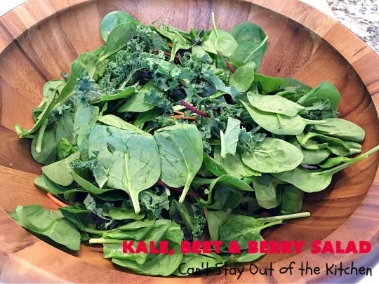 Kale, Beet and Berry Salad | Can't Stay Out of the Kitchen | This amazing #salad will knock your socks off! Seriously. It features #raspberries, #blackberries, #MacadamiaNuts & #asiago or #romano #cheese. Great for company dinners. #GlutenFree #beets #kale #healthy #LowCalorie #CleanEating