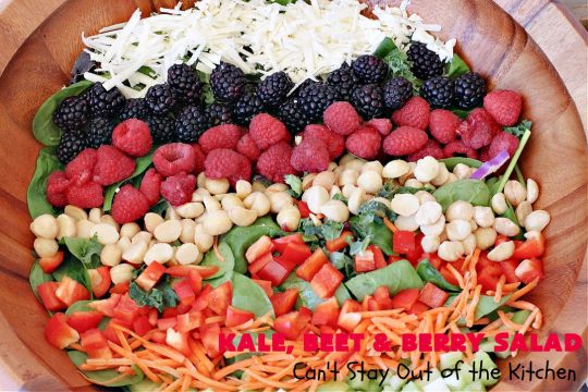 Kale, Beet and Berry Salad | Can't Stay Out of the Kitchen | This amazing #salad will knock your socks off! Seriously. It features #raspberries, #blackberries, #MacadamiaNuts & #asiago or #romano #cheese. Great for company dinners. #GlutenFree #beets #kale #healthy #LowCalorie #CleanEating