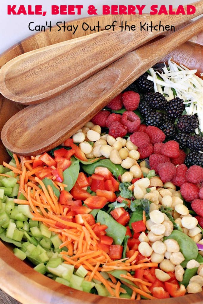 Kale, Beet and Berry Salad | Can't Stay Out of the Kitchen | This amazing #salad will knock your socks off! Seriously. It features #raspberries, #blackberries, #MacadamiaNuts & #asiago or #romano #cheese. Great for company dinners. #GlutenFree #beets #kale #healthy #LowCalorie #CleanEating