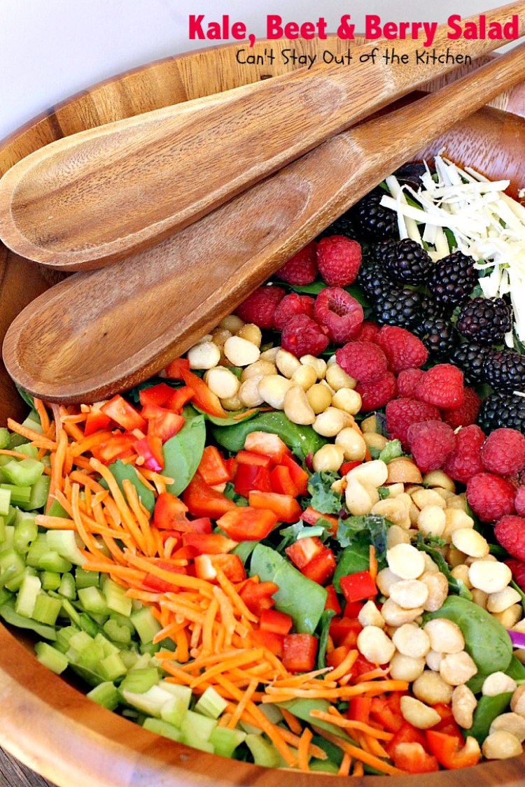 Kale, Beet and Berry Salad | Can't Stay Out of the Kitchen | Amazing #salad features #raspberries, #blackberries, #macadamianuts & #asiago or #romano cheese. Great for company dinners. #glutenfree