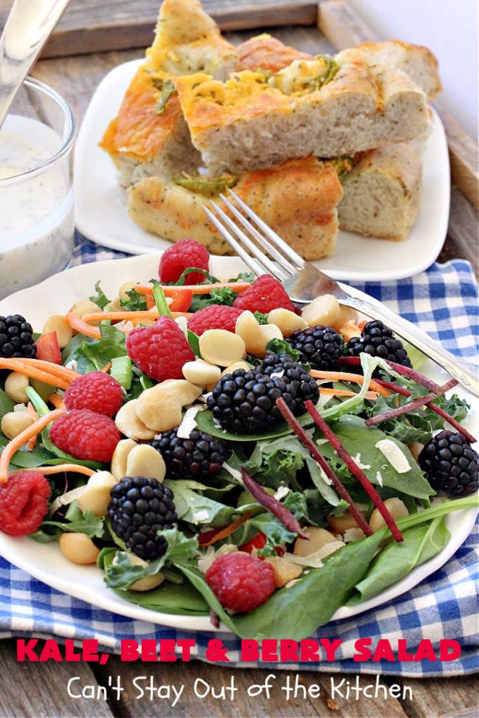 Kale, Beet and Berry Salad | Can't Stay Out of the Kitchen | This amazing #salad will knock your socks off! Seriously. It features #raspberries, #blackberries, #MacadamiaNuts & #asiago or #romano #cheese. Great for company dinners. #GlutenFree #beets #kale #healthy #LowCalorie #CleanEating