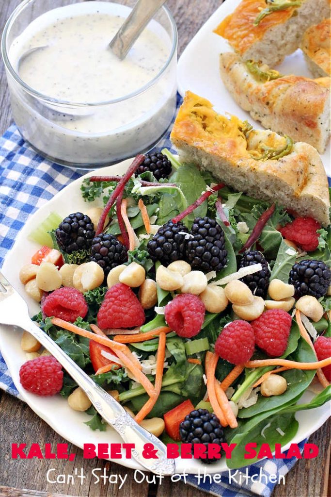 Kale, Beet and Berry Salad | Can't Stay Out of the Kitchen | This amazing #salad will knock your socks off! Seriously. It features #raspberries, #blackberries, #MacadamiaNuts & #asiago or #romano #cheese. Great for company dinners. #GlutenFree #beets #kale #healthy #LowCalorie #CleanEating