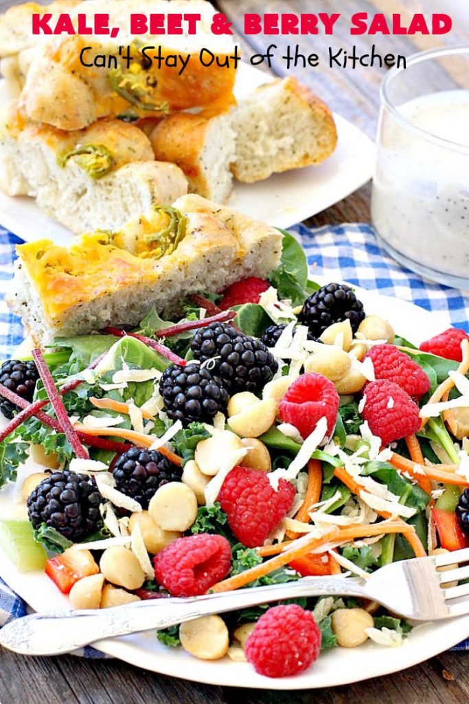Kale, Beet and Berry Salad | Can't Stay Out of the Kitchen | This amazing #salad will knock your socks off! Seriously. It features #raspberries, #blackberries, #MacadamiaNuts & #asiago or #romano #cheese. Great for company dinners. #GlutenFree #beets #kale #healthy #LowCalorie #CleanEating