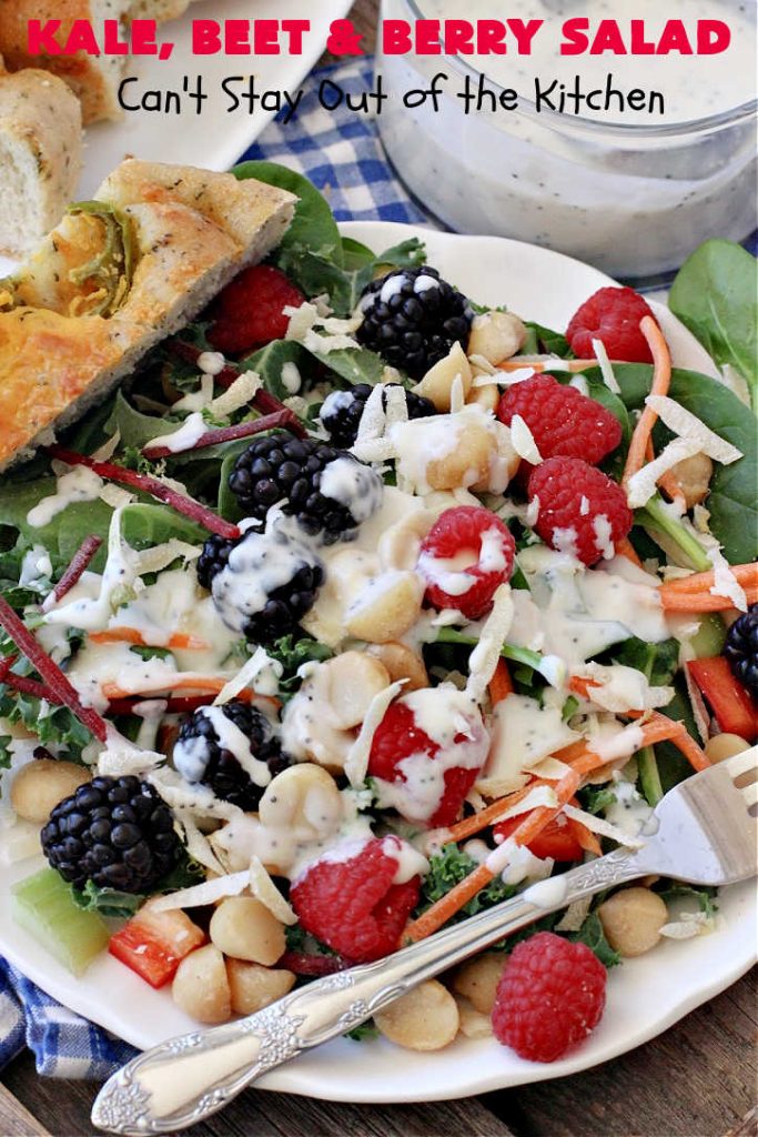 Kale, Beet and Berry Salad | Can't Stay Out of the Kitchen | This amazing #salad will knock your socks off! Seriously. It features #raspberries, #blackberries, #MacadamiaNuts & #asiago or #romano #cheese. Great for company dinners. #GlutenFree #beets #kale #healthy #LowCalorie #CleanEating