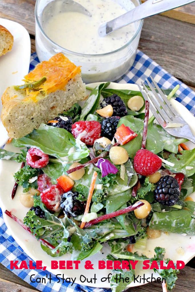 Kale, Beet and Berry Salad | Can't Stay Out of the Kitchen | This amazing #salad will knock your socks off! Seriously. It features #raspberries, #blackberries, #MacadamiaNuts & #asiago or #romano #cheese. Great for company dinners. #GlutenFree #beets #kale #healthy #LowCalorie #CleanEating