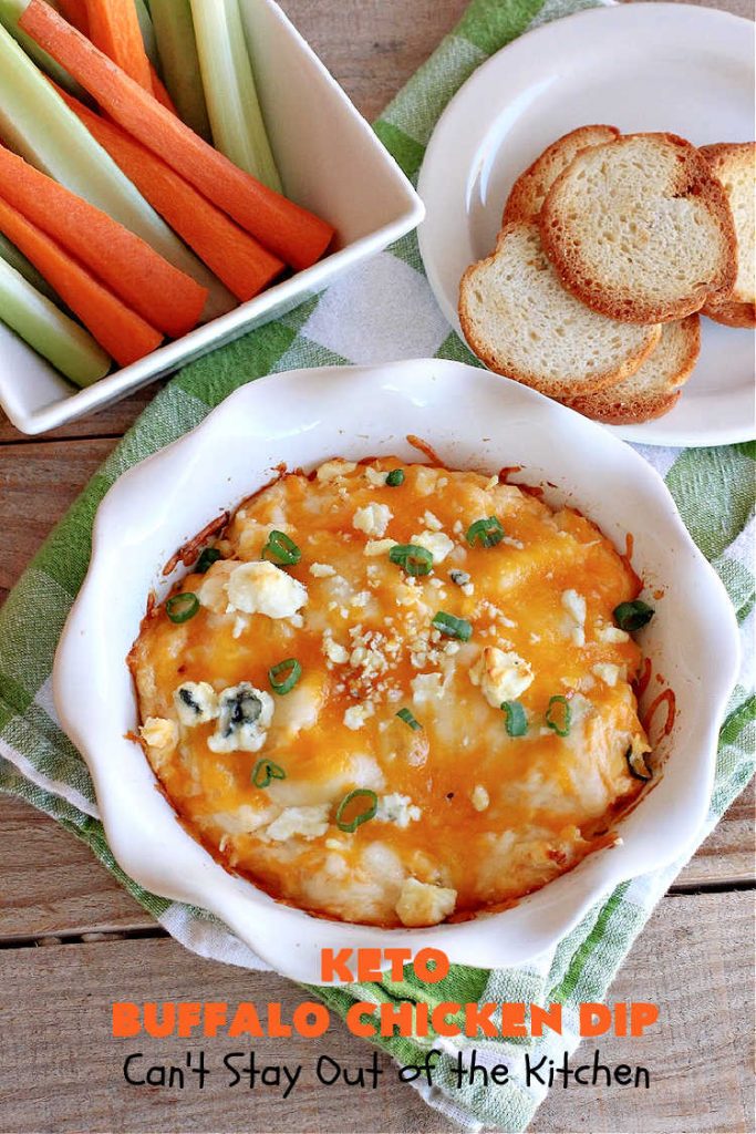 Keto Buffalo Chicken Dip | Can't Stay Out of the Kitchen | this amazing #appetizer uses 4 cheeses! #CheddarCheese, #MozzarellaCheese, #CreamCheese & #BlueCheese. It's unbelievably mouthwatering & #Keto-friendly. If you love #BuffaloChicken you'll find #KetoBuffaloChickenDip irresistible. #chicken #BuffaloChickenDip #tailgating #SuperBowl