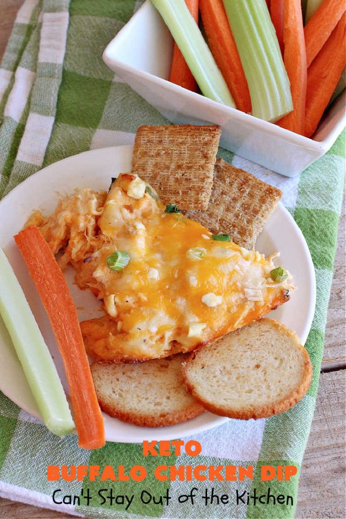 Keto Buffalo Chicken Dip | Can't Stay Out of the Kitchen | this amazing #appetizer uses 4 cheeses! #CheddarCheese, #MozzarellaCheese, #CreamCheese & #BlueCheese. It's unbelievably mouthwatering & #Keto-friendly. If you love #BuffaloChicken you'll find #KetoBuffaloChickenDip irresistible. #chicken #BuffaloChickenDip #tailgating #SuperBowl