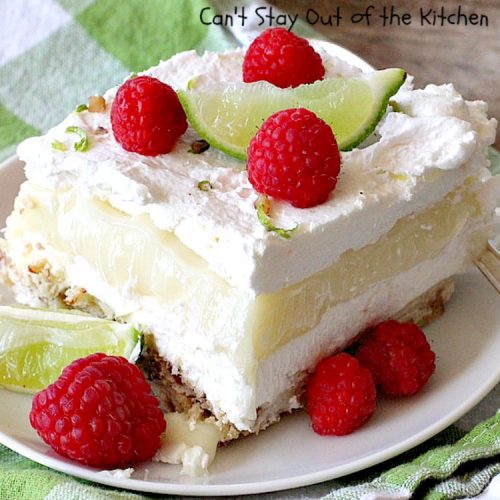 Key Lime Pie Lasagna | Can't Stay Out of the Kitchen | BEST #KeyLimePie #dessert ever! This four-layered dessert is spectacular. It's perfect for #holidays like #MothersDay or #FathersDay. #cheesecake #KeyLime