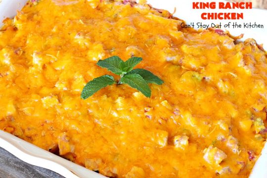 King Ranch Chicken | Can't Stay Out of the Kitchen | this #Texas favorite is easy as well as mouthwatering & delicious. It's terrific for company dinners. Everyone always raves over it when I make it. #Chicken #RoTel #tortillas #TexMex #CheddarCheese #casserole 