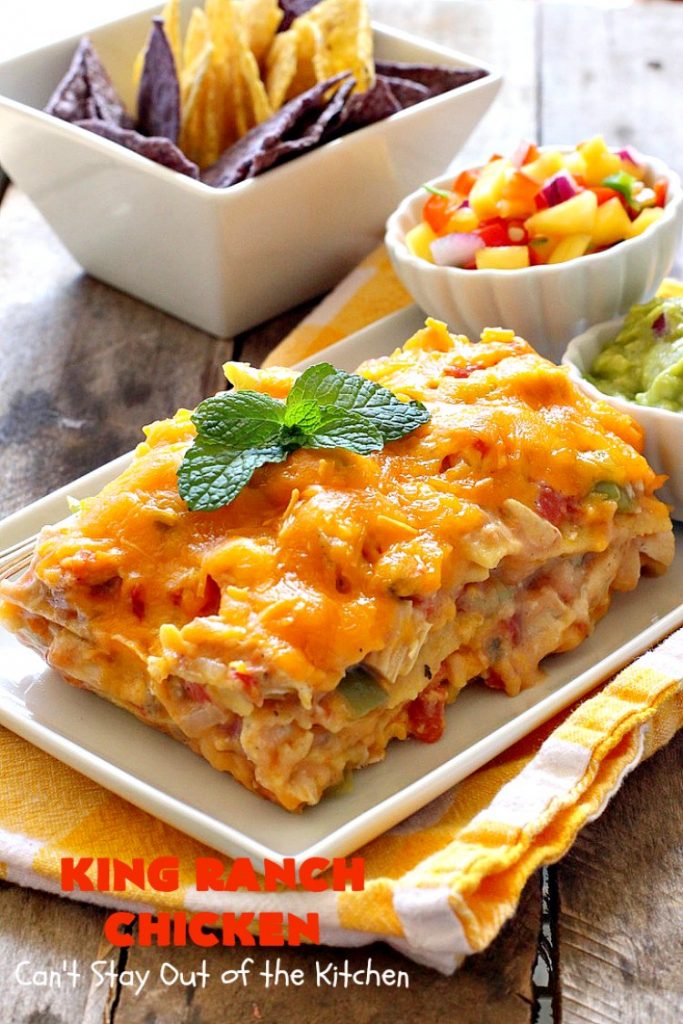 King Ranch Chicken | Can't Stay Out of the Kitchen | this #Texas favorite is easy as well as mouthwatering & delicious. It's terrific for company dinners. Everyone always raves over it when I make it. #Chicken #RoTel #tortillas #TexMex #CheddarCheese #casserole 
