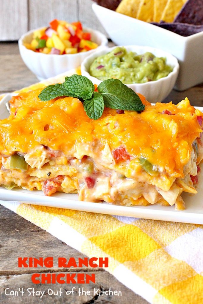 King Ranch Chicken | Can't Stay Out of the Kitchen | this #Texas favorite is easy as well as mouthwatering & delicious. It's terrific for company dinners. Everyone always raves over it when I make it. #Chicken #RoTel #tortillas #TexMex #CheddarCheese #casserole 