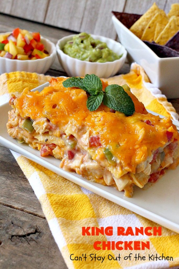 King Ranch Chicken | Can't Stay Out of the Kitchen | this #Texas favorite is easy as well as mouthwatering & delicious. It's terrific for company dinners. Everyone always raves over it when I make it. #Chicken #RoTel #tortillas #TexMex #CheddarCheese #casserole 