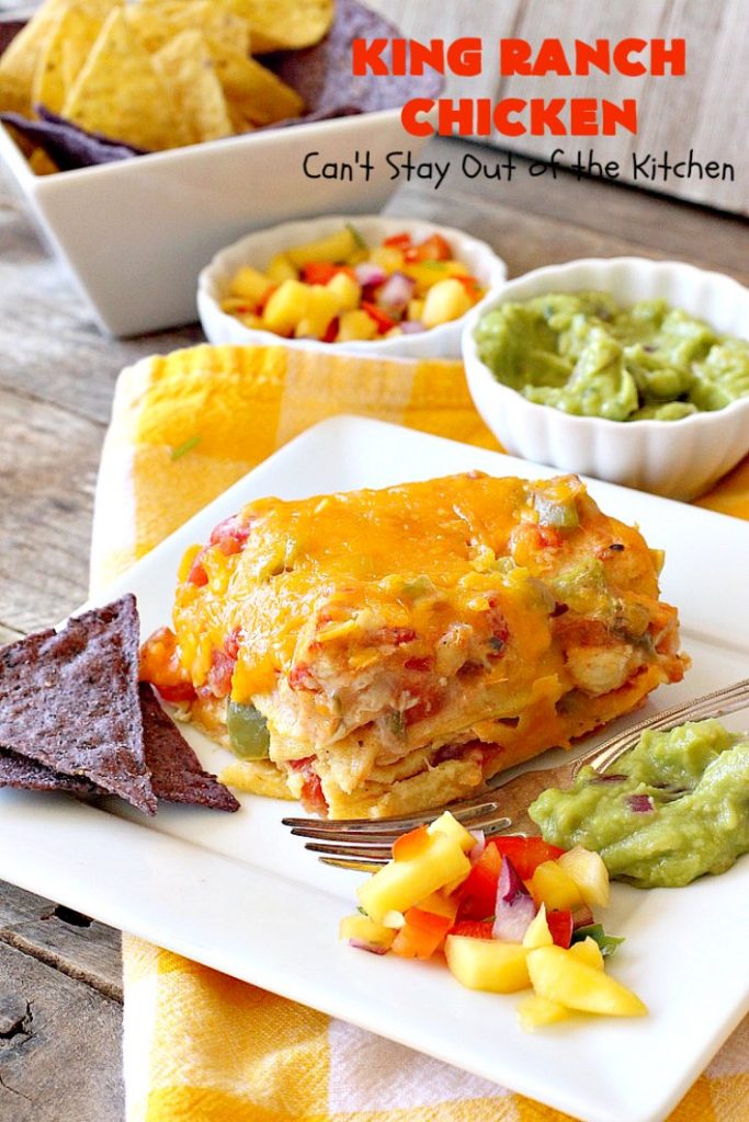 King Ranch Chicken | Can't Stay Out of the Kitchen | this #Texas favorite is easy as well as mouthwatering & delicious. It's terrific for company dinners. Everyone always raves over it when I make it. #Chicken #RoTel #tortillas #TexMex #CheddarCheese #casserole 