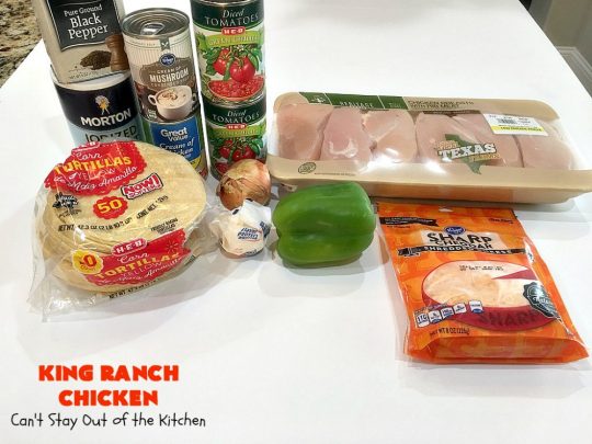 King Ranch Chicken | Can't Stay Out of the Kitchen | this #Texas favorite is easy as well as mouthwatering & delicious. It's terrific for company dinners. Everyone always raves over it when I make it. #Chicken #RoTel #tortillas #TexMex #CheddarCheese #casserole 