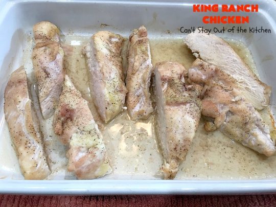 King Ranch Chicken | Can't Stay Out of the Kitchen | this #Texas favorite is easy as well as mouthwatering & delicious. It's terrific for company dinners. Everyone always raves over it when I make it. #Chicken #RoTel #tortillas #TexMex #CheddarCheese #casserole 