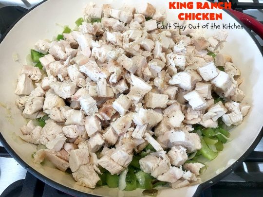 King Ranch Chicken | Can't Stay Out of the Kitchen | this #Texas favorite is easy as well as mouthwatering & delicious. It's terrific for company dinners. Everyone always raves over it when I make it. #Chicken #RoTel #tortillas #TexMex #CheddarCheese #casserole 
