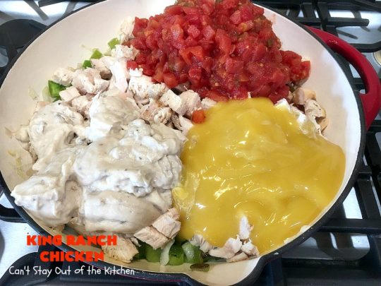 King Ranch Chicken | Can't Stay Out of the Kitchen | this #Texas favorite is easy as well as mouthwatering & delicious. It's terrific for company dinners. Everyone always raves over it when I make it. #Chicken #RoTel #tortillas #TexMex #CheddarCheese #casserole 