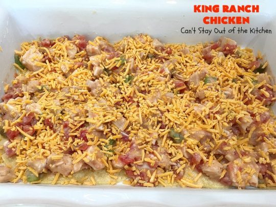 King Ranch Chicken | Can't Stay Out of the Kitchen | this #Texas favorite is easy as well as mouthwatering & delicious. It's terrific for company dinners. Everyone always raves over it when I make it. #Chicken #RoTel #tortillas #TexMex #CheddarCheese #casserole 