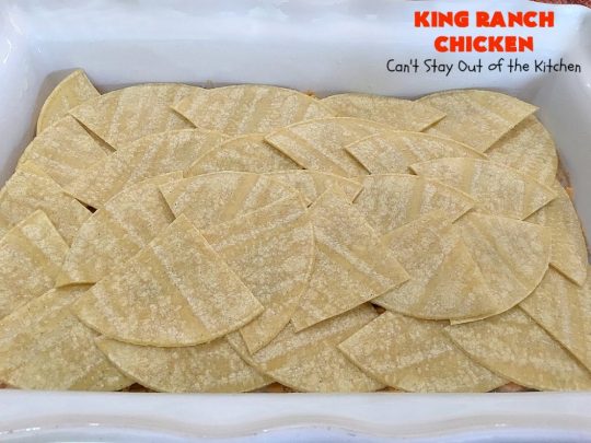 King Ranch Chicken | Can't Stay Out of the Kitchen | this #Texas favorite is easy as well as mouthwatering & delicious. It's terrific for company dinners. Everyone always raves over it when I make it. #Chicken #RoTel #tortillas #TexMex #CheddarCheese #casserole 