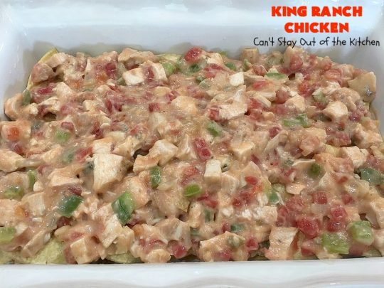 King Ranch Chicken | Can't Stay Out of the Kitchen | this #Texas favorite is easy as well as mouthwatering & delicious. It's terrific for company dinners. Everyone always raves over it when I make it. #Chicken #RoTel #tortillas #TexMex #CheddarCheese #casserole 