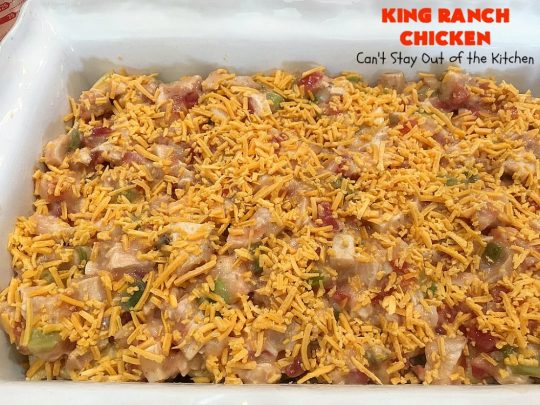 King Ranch Chicken | Can't Stay Out of the Kitchen | this #Texas favorite is easy as well as mouthwatering & delicious. It's terrific for company dinners. Everyone always raves over it when I make it. #Chicken #RoTel #tortillas #TexMex #CheddarCheese #casserole 