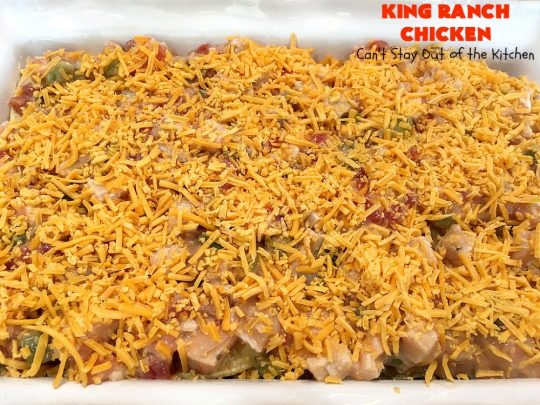 King Ranch Chicken | Can't Stay Out of the Kitchen | this #Texas favorite is easy as well as mouthwatering & delicious. It's terrific for company dinners. Everyone always raves over it when I make it. #Chicken #RoTel #tortillas #TexMex #CheddarCheese #casserole 