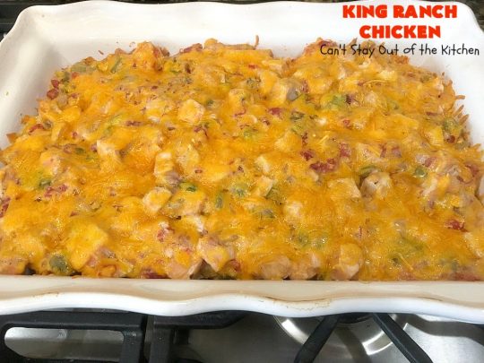 King Ranch Chicken | Can't Stay Out of the Kitchen | this #Texas favorite is easy as well as mouthwatering & delicious. It's terrific for company dinners. Everyone always raves over it when I make it. #Chicken #RoTel #tortillas #TexMex #CheddarCheese #casserole 