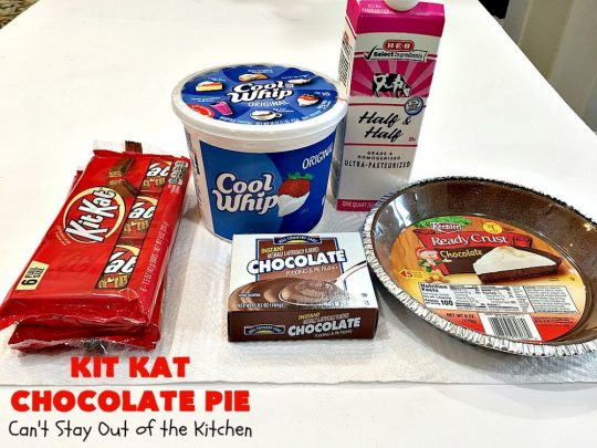 Kit Kat Chocolate Pie | Can't Stay Out of the Kitchen | this easy 5-ingredient #recipe is heavenly. It uses #chocolate pudding, a chocolate crumb crust & #KitKatBars. Every bite will have you drooling. #dessert #ChocolatePie #pie #ChocolateDessert #HolidayDessert #KitKatDessert #KitKatChocolatePie #5IngredientDessert